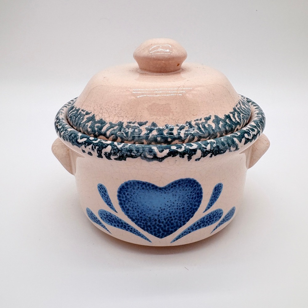 Vintage Stoneware Lidded Crock Pot Blue Heart Hand Painted Sponged Cream Pottery